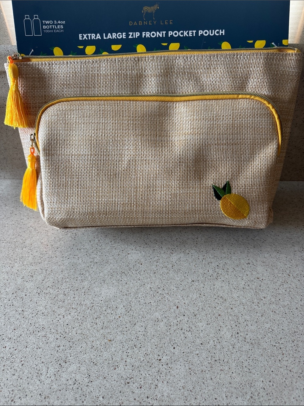 Dabney Lee Natural Looking Straw Pouch with Yellow Accents and Embroidered Lemon - Picture 4 of 10